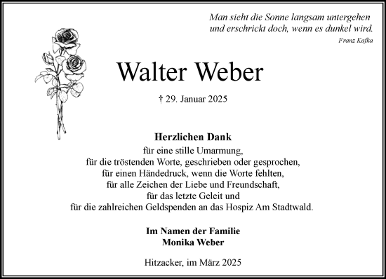 Traueranzeige von Walter Weber von MARKT Ahrensburg/Bargteheide/Trittau und Stormarner Tageblatt
