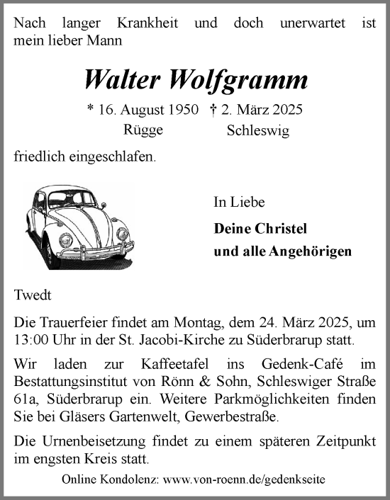 Traueranzeige von Walter Wolfgramm von Schleswiger Nachrichten, Schlei-Bote