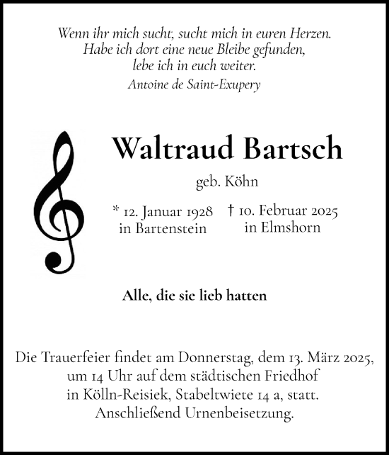 Traueranzeige von Waltraud Bartsch von Elmshorner Nachrichten, Barmstedter Zeitung