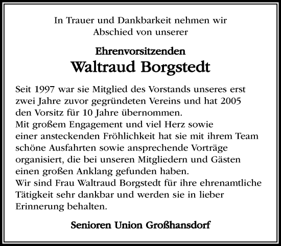 Traueranzeige von Waltraud Borgstedt von MARKT Ahrensburg/Bargteheide/Trittau und Stormarner Tageblatt