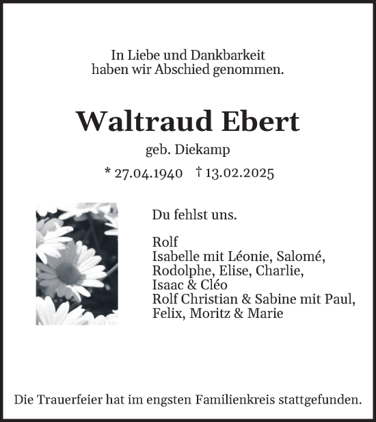 Traueranzeige von Waltraud Ebert von Norddeutsche Rundschau, Wilstersche Zeitung, Glückstädter Fortuna