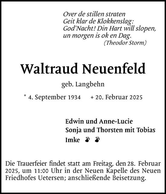 Traueranzeige von Waltraud Neuenfeld von Uetersener Nachrichten, Der tip am Wochenende