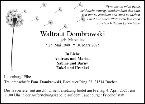 Traueranzeige von Waltraut Dombrowski von Wochenend Anzeiger