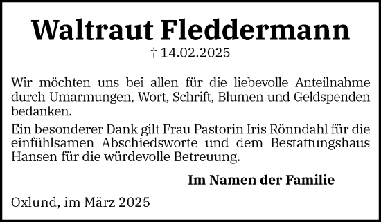 Traueranzeige von Waltraut Fleddermann von Flensburger Tageblatt