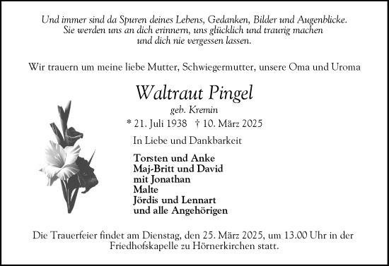 Traueranzeige von Waltraut Pingel von Elmshorner Nachrichten, Barmstedter Zeitung