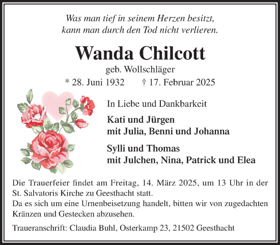 Traueranzeige von Wanda Chilcott von Wochenend Anzeiger
