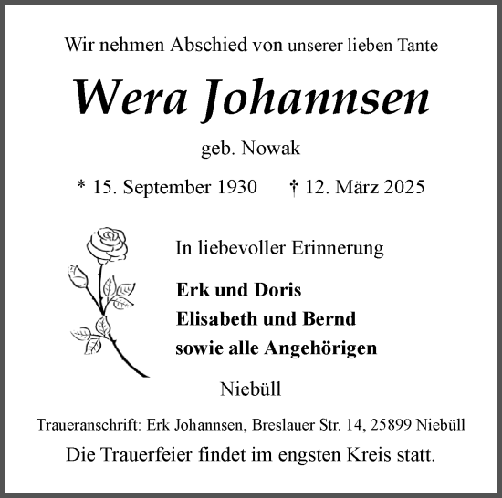 Traueranzeige von Wera Johannsen von Husumer Nachrichten, Nordfriesland Tageblatt