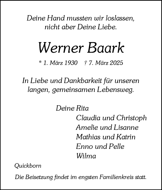 Traueranzeige von Werner Baark von Region Pinneberg und tip Pinneberg