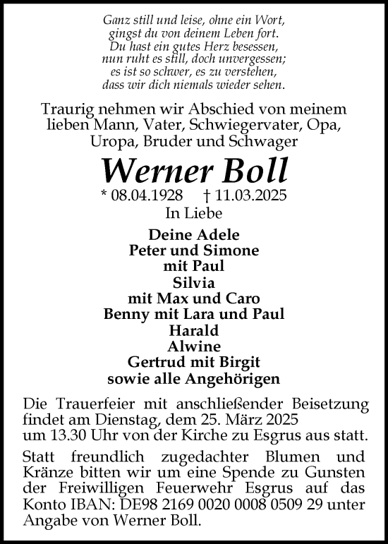 Traueranzeige von Werner Boll von Flensburger Tageblatt