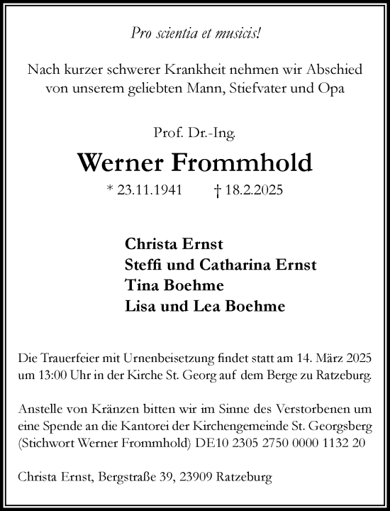 Traueranzeige von Werner Frommhold von MARKT Ratzeburg/Mölln