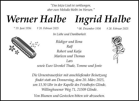 Traueranzeige von Werner Halbe von MARKT Glinde/Reinfeld