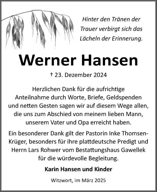 Traueranzeige von Werner Hansen von Husumer Nachrichten, Nordfriesland Tageblatt