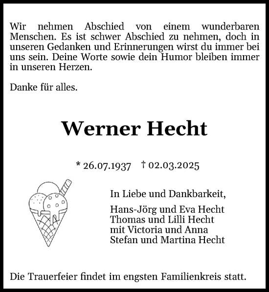 Traueranzeige von Werner Hecht von Schleswig-Holsteinische Landeszeitung
