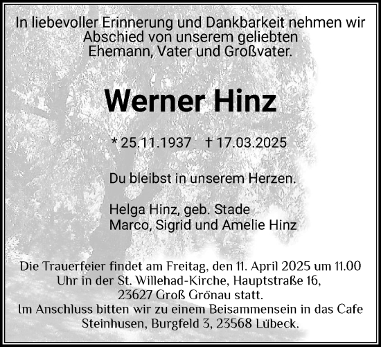 Traueranzeige von Werner Hinz von Region Steinburg-Elmshorn