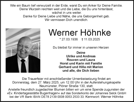 Traueranzeige von Werner Höhnke von Holsteinischer Courier