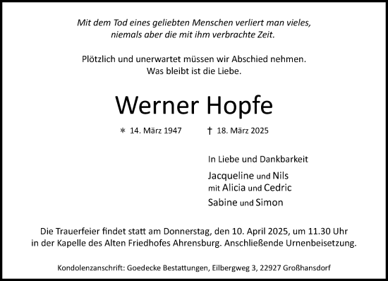 Traueranzeige von Werner Hopfe von MARKT Ahrensburg/Bargteheide/Trittau und Stormarner Tageblatt