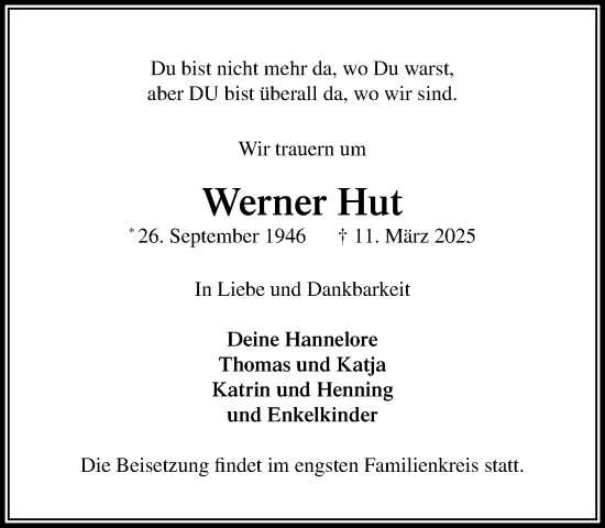 Traueranzeige von Werner Hut von MARKT Glinde/Reinfeld