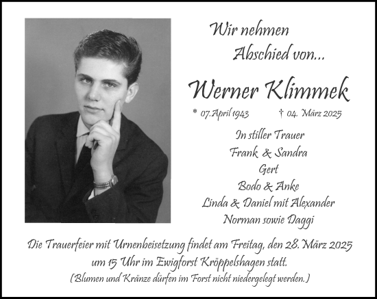 Traueranzeige von Werner Klimmek von Wochenend Anzeiger