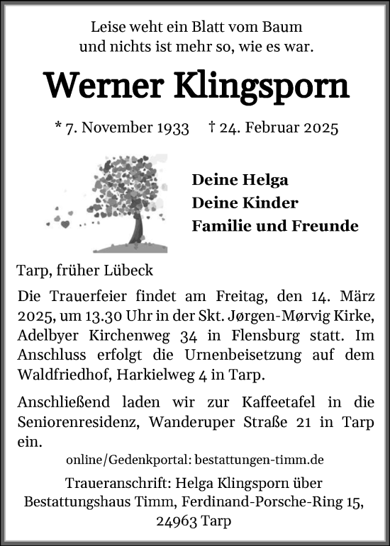 Traueranzeige von Werner Klingsporn von Flensburger Tageblatt