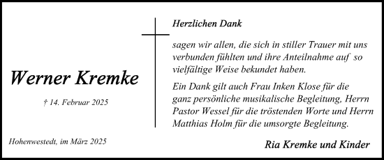 Traueranzeige von Werner Kremke von Schleswig-Holsteinische Landeszeitung
