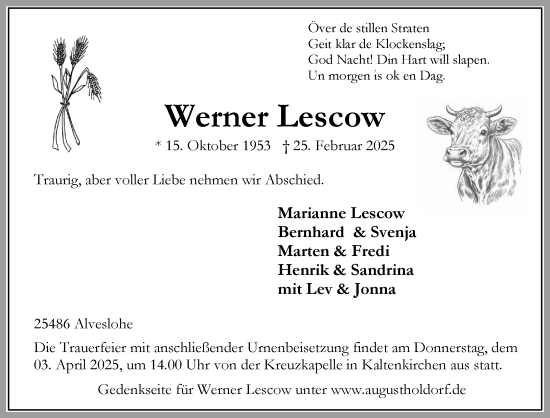 Traueranzeige von Werner Lescow von Umschau