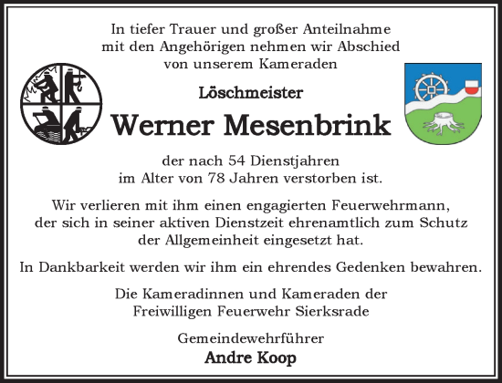 Traueranzeige von Werner Mesenbrink von MARKT Ratzeburg/Mölln