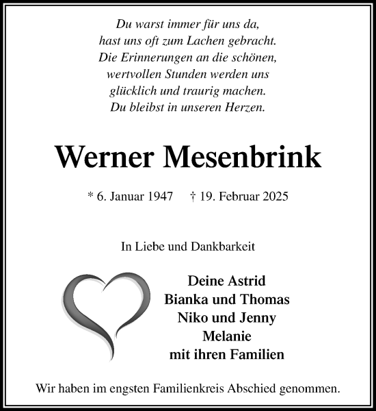 Traueranzeige von Werner Mesenbrink von MARKT Ratzeburg/Mölln