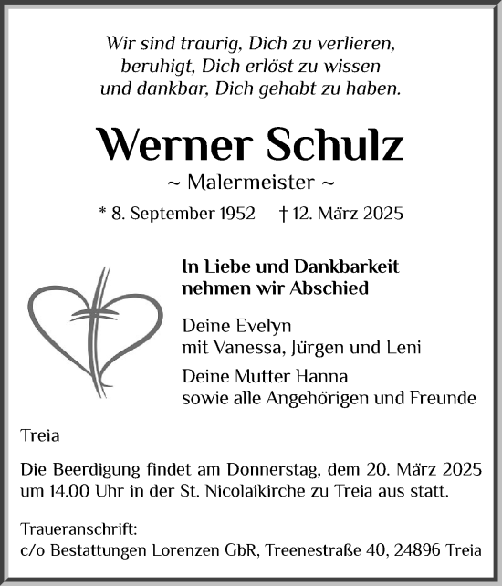 Traueranzeige von Werner Schulz von Region Flensburg