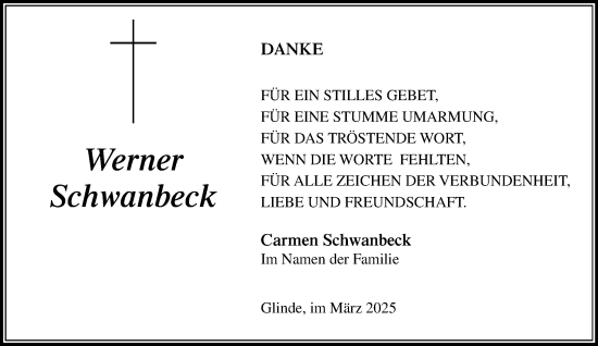 Traueranzeige von Werner Schwanbeck von MARKT Glinde/Reinfeld