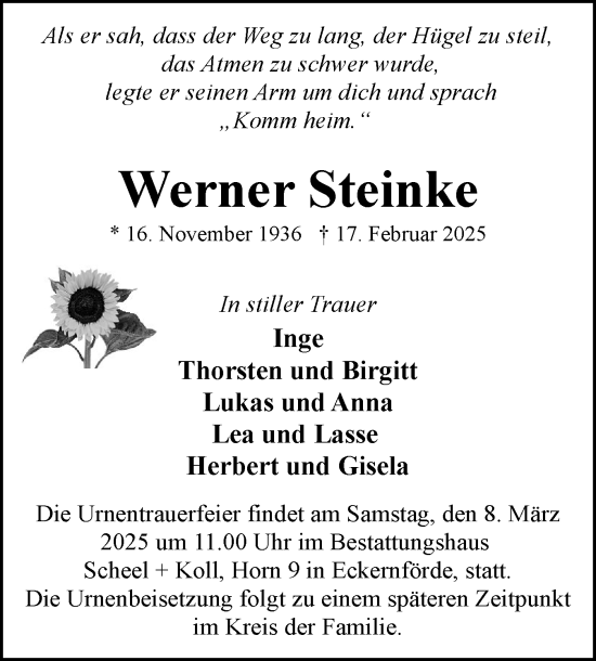 Traueranzeige von Werner Steinke von Eckernförder Zeitung, Hallo Eckernförde