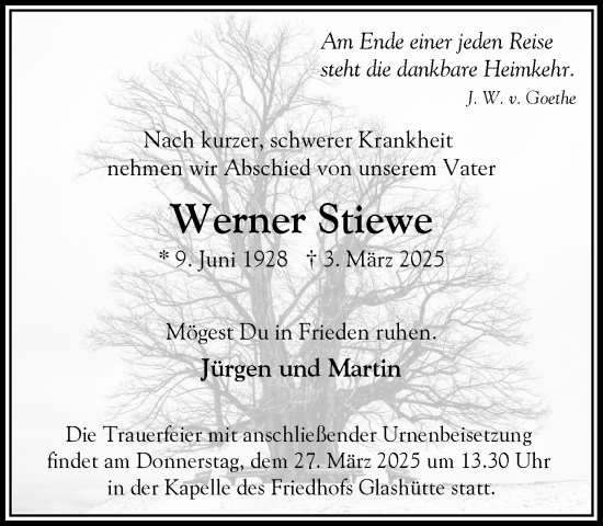 Traueranzeige von Werner Stiewe von Heimatspiegel