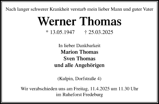 Traueranzeige von Werner Thomas von MARKT Ratzeburg/Mölln