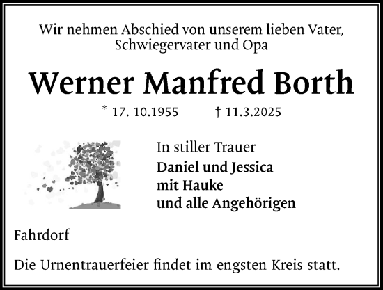 Traueranzeige von Werner Manfred Borth von Schleswiger Nachrichten, Schlei-Bote