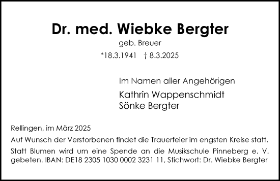 Traueranzeige von Wiebke Bergter von Region Pinneberg und tip Pinneberg