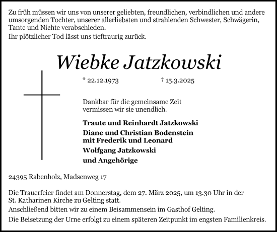 Traueranzeige von Wiebke Jatzkowski von Flensburger Tageblatt, Schleswiger Nachrichten, Schlei-Bote
