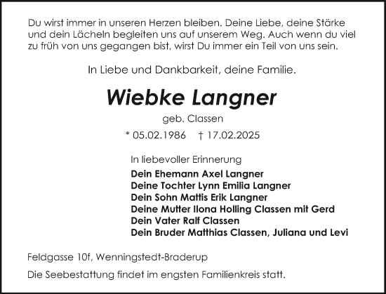Traueranzeige von Wiebke Langner von Sylter Rundschau