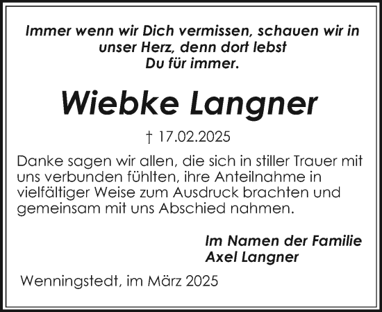 Traueranzeige von Wiebke Langner von Sylter Rundschau