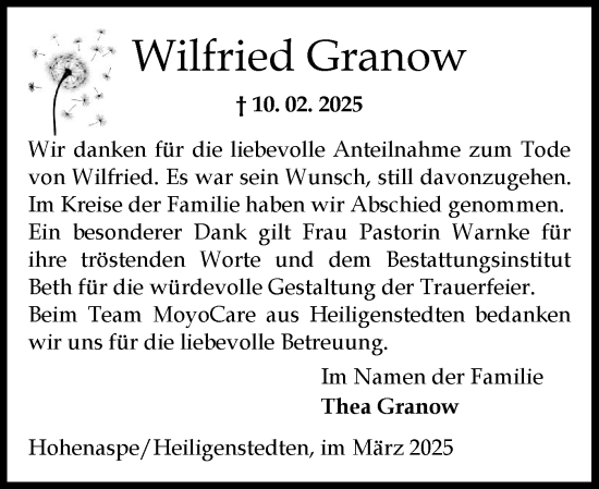 Traueranzeige von Wilfried Granow von Norddeutsche Rundschau, Wilstersche Zeitung, Glückstädter Fortuna