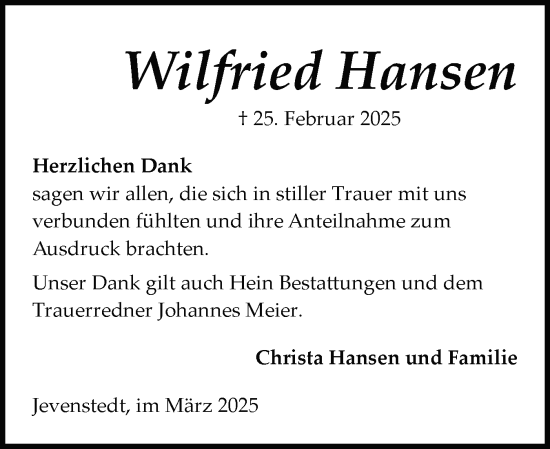Traueranzeige von Wilfried Hansen von Schleswig-Holsteinische Landeszeitung