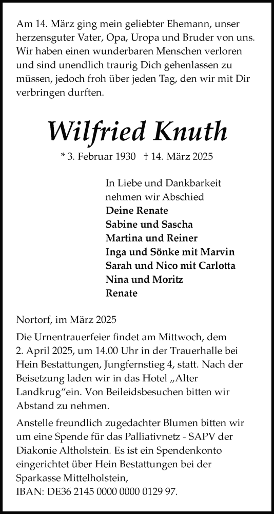 Traueranzeige von Wilfried Knuth von Schleswig-Holsteinische Landeszeitung