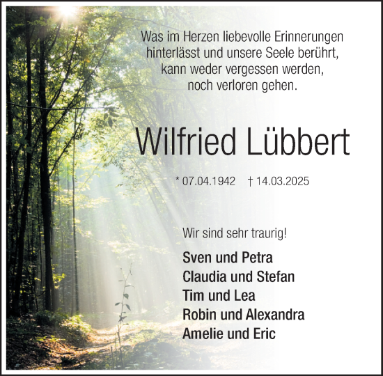 Traueranzeige von Wilfried Lübbert von MARKT Ratzeburg/Mölln