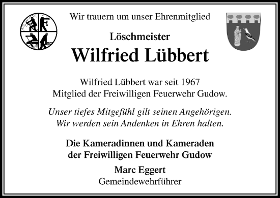 Traueranzeige von Wilfried Lübbert von MARKT Ratzeburg/Mölln