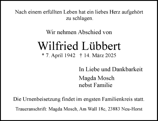 Traueranzeige von Wilfried Lübbert von MARKT Ratzeburg/Mölln