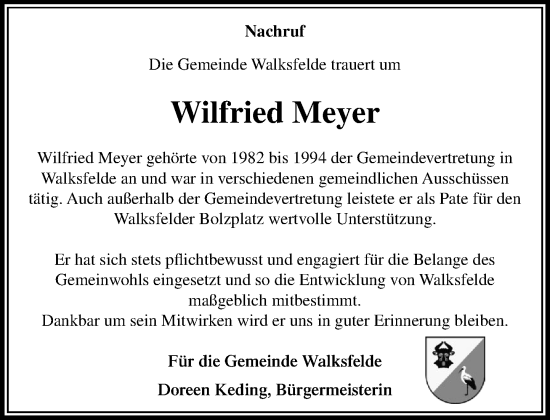 Traueranzeige von Wilfried Meyer von MARKT Ratzeburg/Mölln