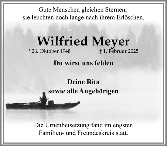 Traueranzeige von Wilfried Meyer von MARKT Ratzeburg/Mölln