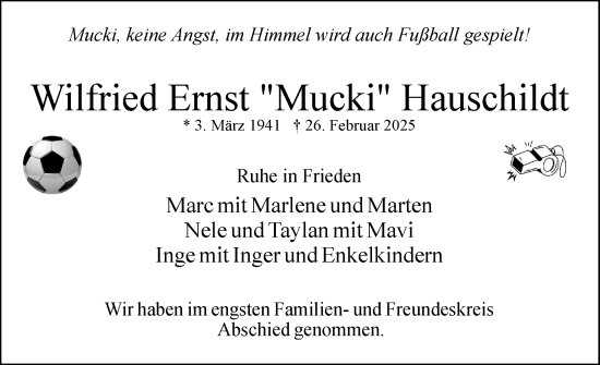 Traueranzeige von Wilfried Ernst Hauschildt von Uetersener Nachrichten, Der tip am Wochenende