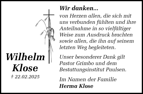 Traueranzeige von Wilhelm Klose von MARKT Bad Oldesloe/Reinfeld und Stormarner Tageblatt