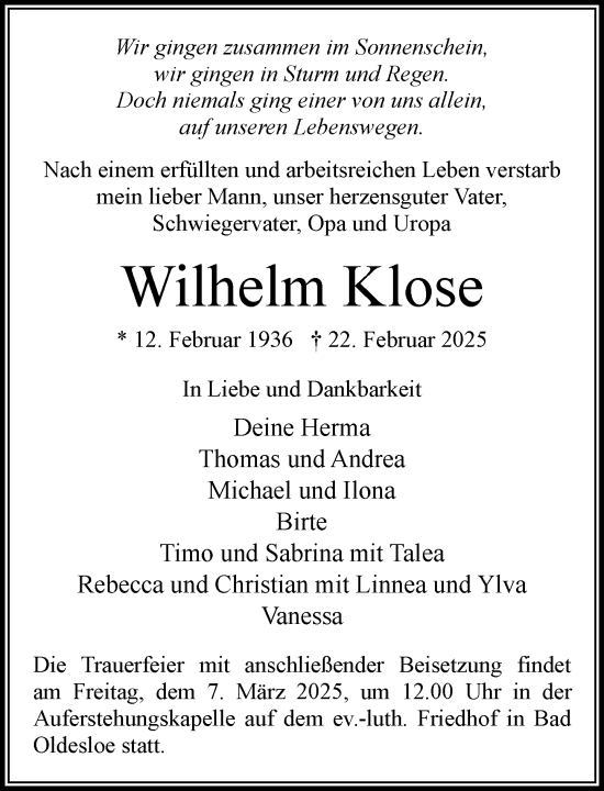Traueranzeige von Wilhelm Klose von MARKT Bad Oldesloe/Reinfeld und Stormarner Tageblatt