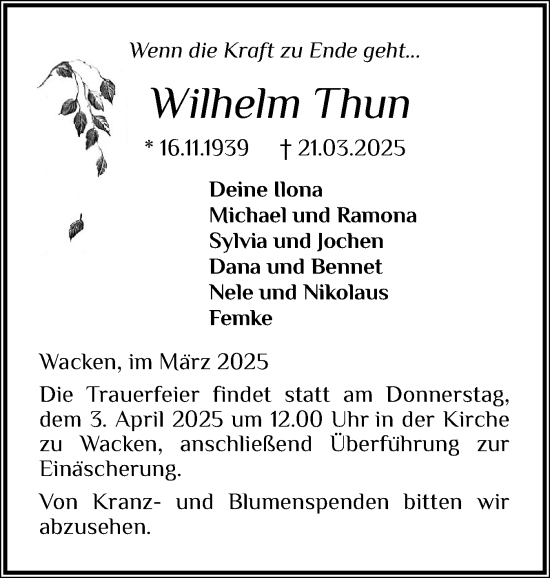 Traueranzeige von Wilhelm Thun von Norddeutsche Rundschau, Wilstersche Zeitung, Glückstädter Fortuna