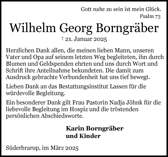 Traueranzeige von Wilhelm Georg Borngräber von Schleswiger Nachrichten, Schlei-Bote